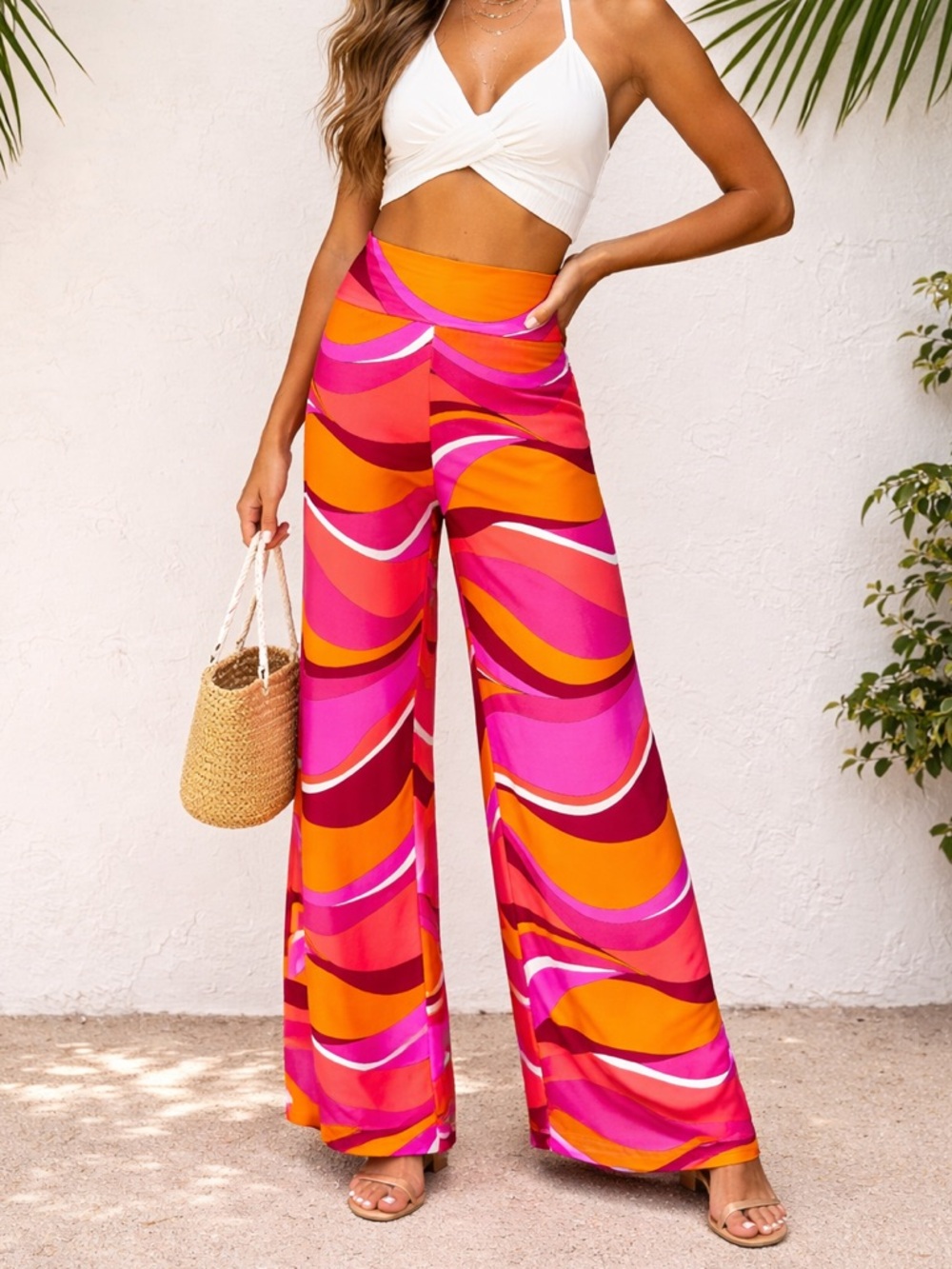 Trina Turk Vivid Vista Wide-Leg Cover-Up Pants Pink Orange Size M NWOT